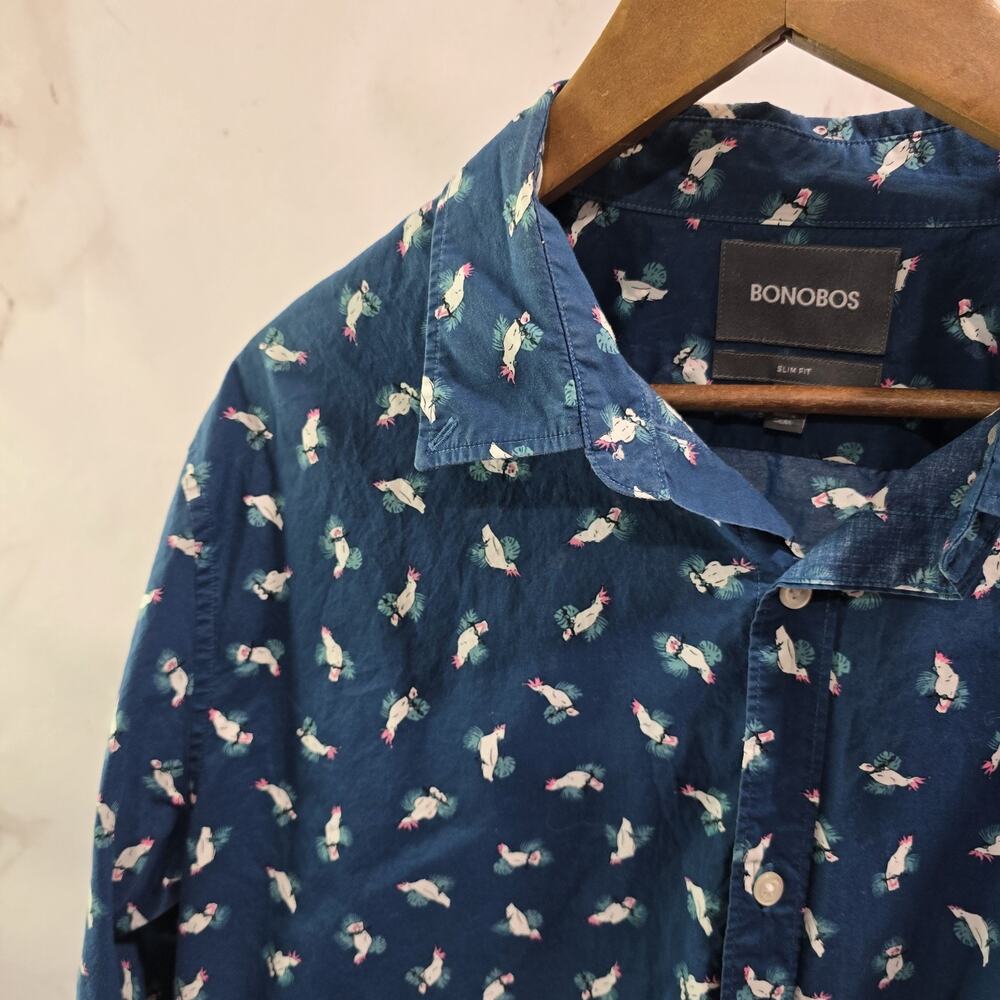 Bonobos Shirt Mens XL Short Blue Bird Cockatoo Toucan Button Long Slim Fit